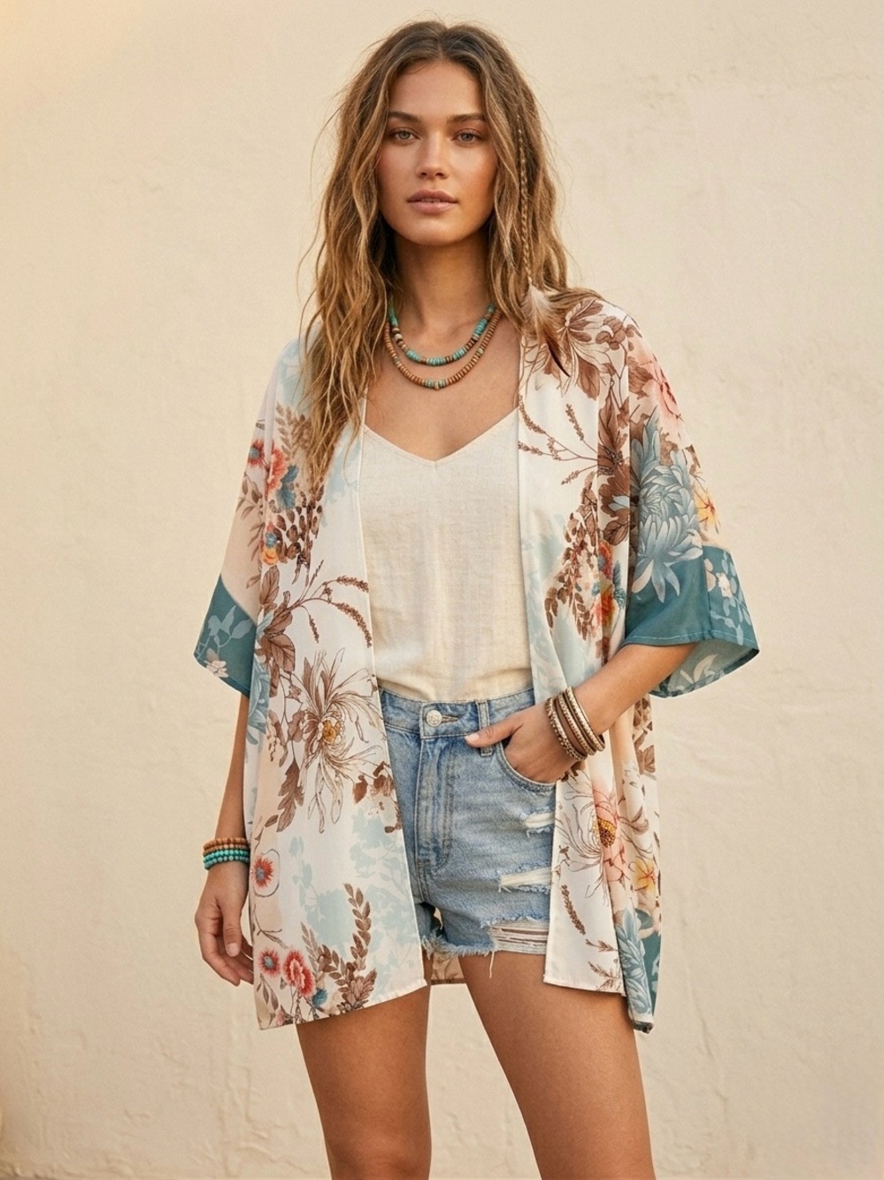 Floral Open-Front Kimono in Cream & Teal